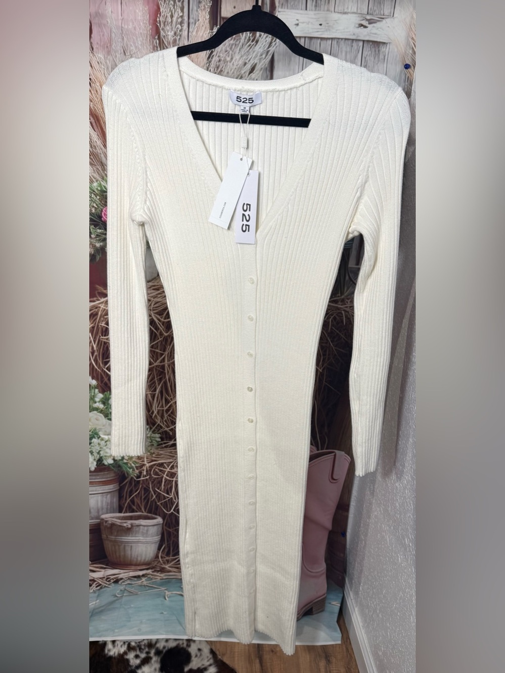 525 America Cream Ribbed Button-Front Long Sleeve Midi Dress Size Medium